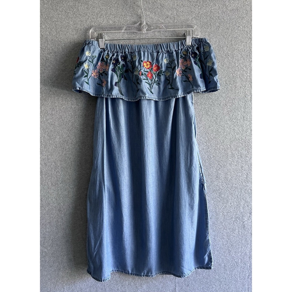 Denim F&F Womens 4 Dress Chambray Off Shoulder Embroidered Floral Boho Blue